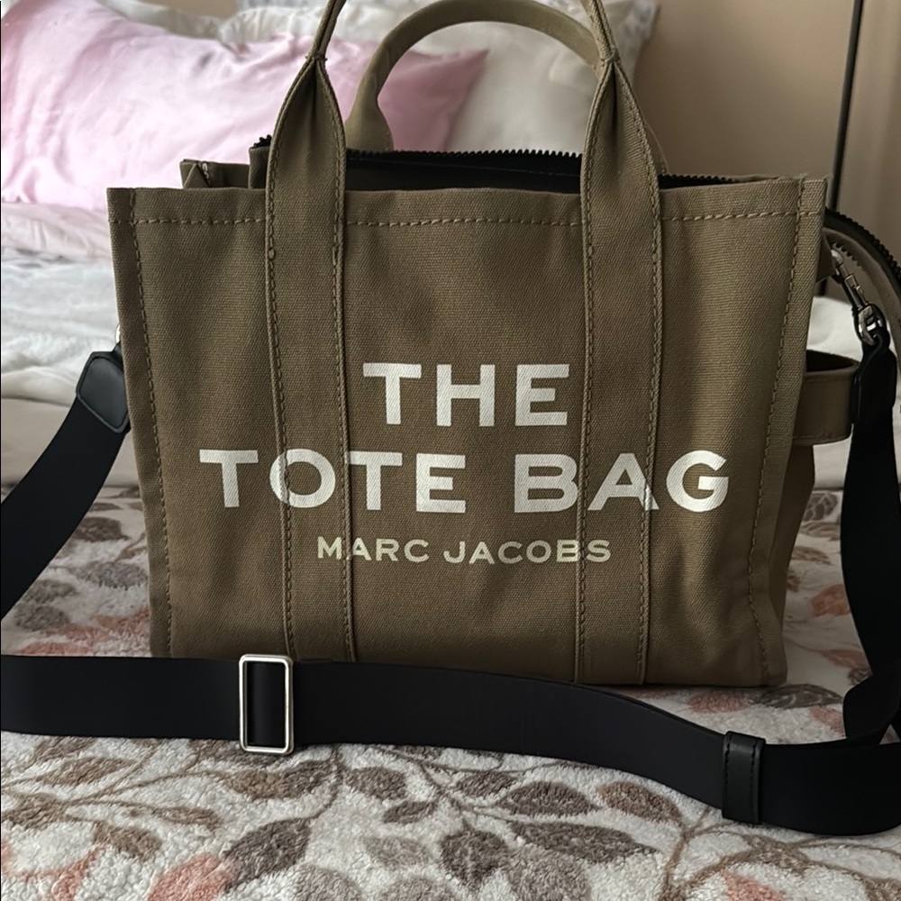 Marc Jacobs Tan Tote Bag with Adjustable Strap and Bold Text